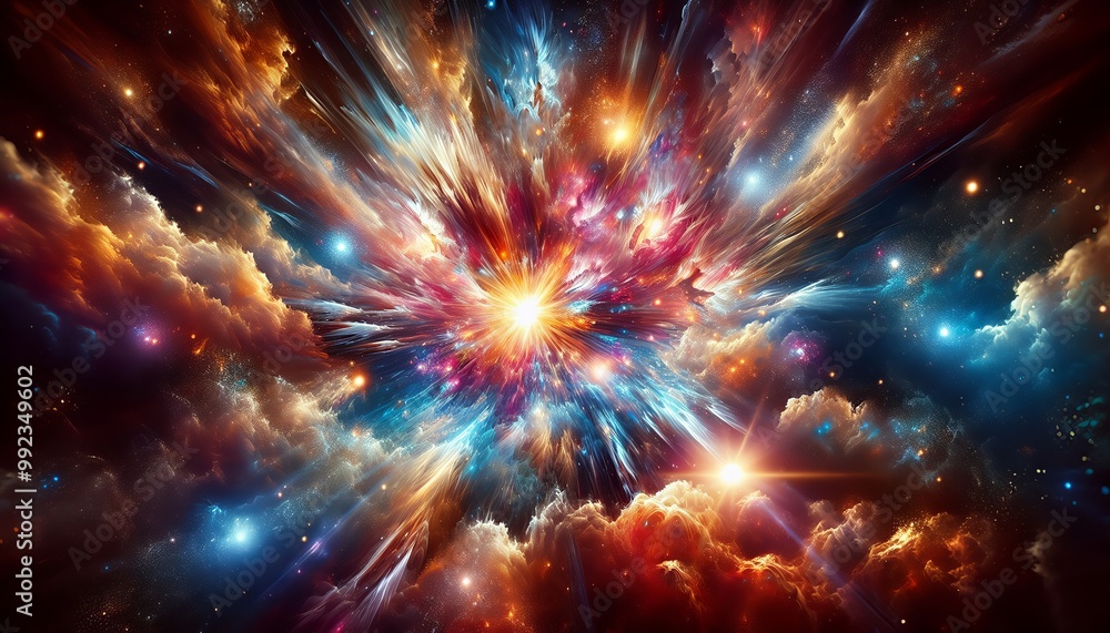 A vibrant explosion of color and light, symbolizing the birth of a new universe.
A vibrant explosion of color and light, symbolizing the birth of a new universe.
