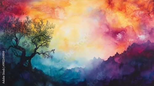 Watercolor Painting of a Silhouetted Tree Against a Colorful Sky and Mountain Range