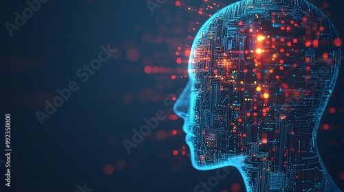 A Digital Representation of a Human Head with Circuitry and Data Flow