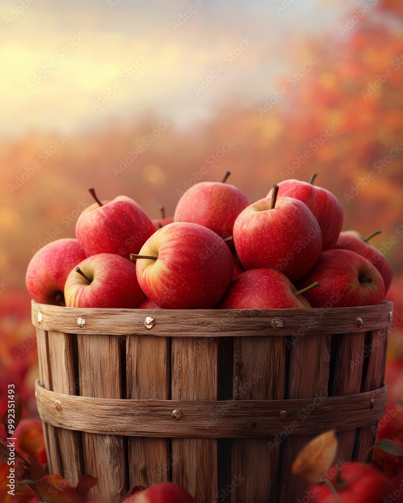 Fresh Red Apples in a Wooden Basket at Autumn Fresh Red Apples in a Wooden Basket at Autumn