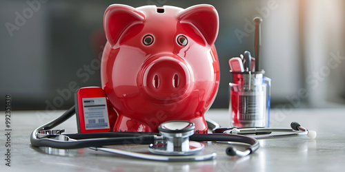 Healthcare budgeting with piggy bank and medical tools in a hospital setting, an estimation of revenue and expenses over a specified timeframe
 photo