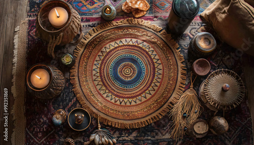 A collection of mandalas, dreamcatchers, and earthy tones, with intricate patterns and a warm, laid-back atmosphere