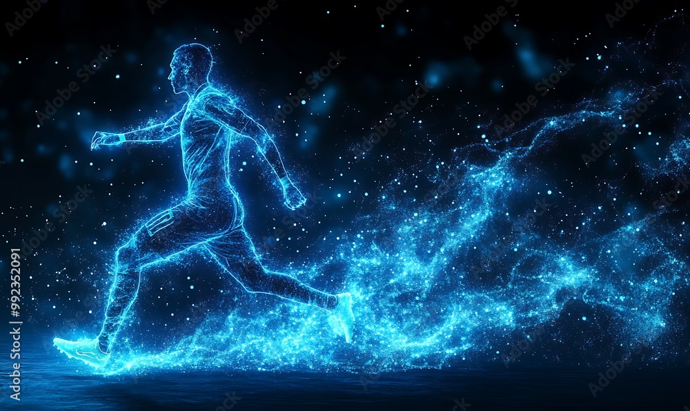 Naklejka premium Blue digital soccer player with glowing data, artificial intelligence into athlete performance analysis and training, enhancing player skills, strategy, and overall team performance design 