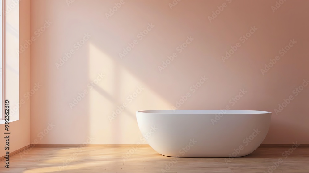 Stylish modern bathroom featuring a sleek white bathtub against a soft pink wall, capturing a serene and tranquil atmosphere. Stylish modern bathroom featuring a sleek white bathtub against a soft pink wall, capturing a serene and tranquil atmosphere.