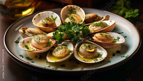 Grilled clams served with a garlic and parsley butter sauce