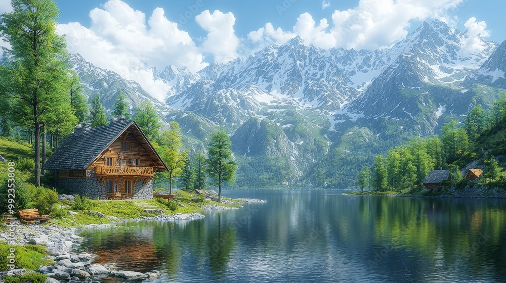 Fototapeta premium Picturesque Mountain Cabin with Lake View