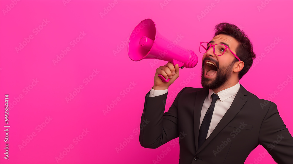 Funny caucasian man hold pink megaphone and scream. Person speak into loudspeaker on solid background. Creative idea. Banner with copy space for business and sale concept Funny caucasian man hold pink megaphone and scream. Person speak into loudspeaker on solid background. Creative idea. Banner with copy space for business and sale concept