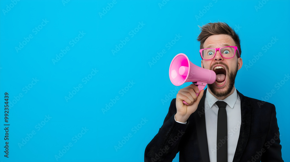 Funny caucasian man hold pink megaphone and scream. Person speak into loudspeaker on solid background. Creative idea. Banner with copy space for business and sale concept Funny caucasian man hold pink megaphone and scream. Person speak into loudspeaker on solid background. Creative idea. Banner with copy space for business and sale concept