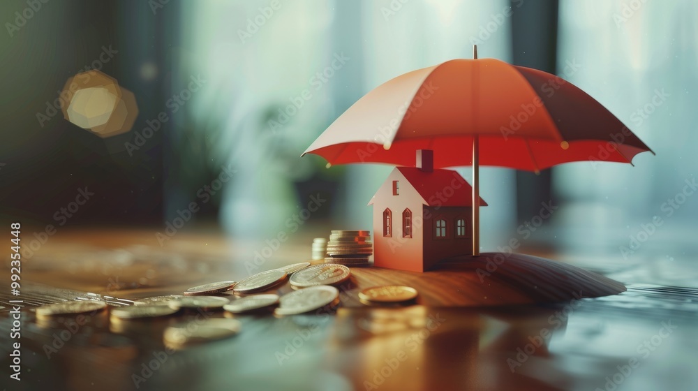 custom made wallpaper toronto digitalModel of umbrella with house and coins on wooden table concept of the system of insurance savings and the cost of health insurance 