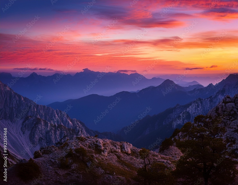 Dramatic Mountain Range Framed by a Colorful Sunset Sky, a Nature Lover's Paradise Dramatic Mountain Range Framed by a Colorful Sunset Sky, a Nature Lover's Paradise