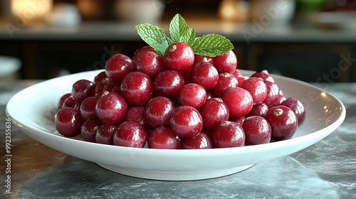 Cranberries arranged pattern on a white porcelain plate at a highend restaurant with a single sprig of mint for garnish evoking a sense of culinary sophistication Scientific name Vaccinium macrocarpon