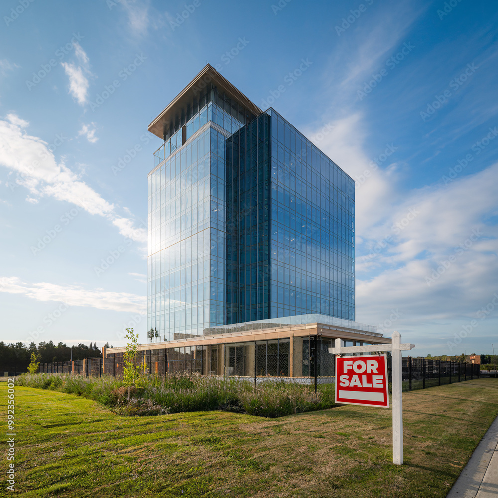 Obraz premium Modern high-rise building for sale with a lush green landscape, promising lucrative investment.