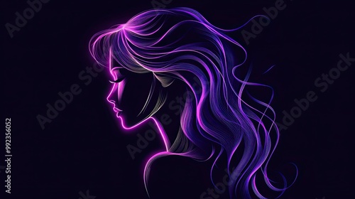 Minimal neon modern portrait of a young woman glowing in purple light