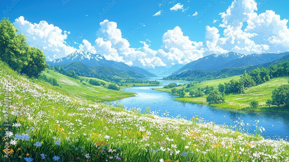 Naklejka premium Scenic Mountain Lake with Blooming Wildflowers
