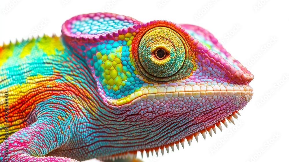 Obraz premium Vibrant Colorful Chameleon Close-Up on White Background - Exotic Reptile with Detailed Skin Texture and Bright Colors