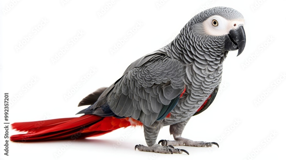 Obraz premium Beautiful African Grey Parrot with Red Tail Feathers on a White Background - High-Resolution Stock Photo