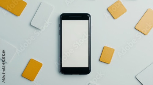 Modern Smartphone with Blank Screen Surrounded by Credit Cards on Minimalist Background
