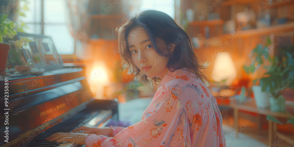 Woman play the piano in cozy plant filled room. Woman play the piano in cozy plant filled room.