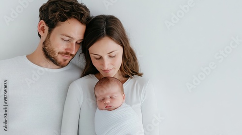 Happy Middle-Class Family with Newborn Baby Posing Together in White Clothing Against a Minimalist Background