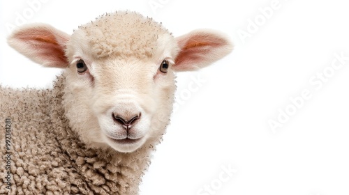 Adorable Sheep Portrait on White Background - Close-Up of Cute Fluffy Lamb Looking at Camera