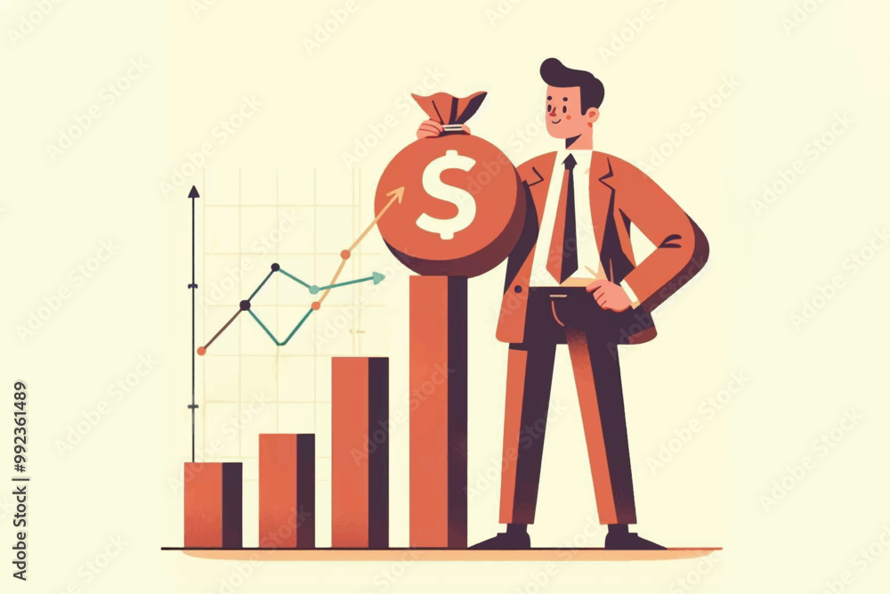 Businessman holding money bag in front of rising graph Businessman holding money bag in front of rising graph