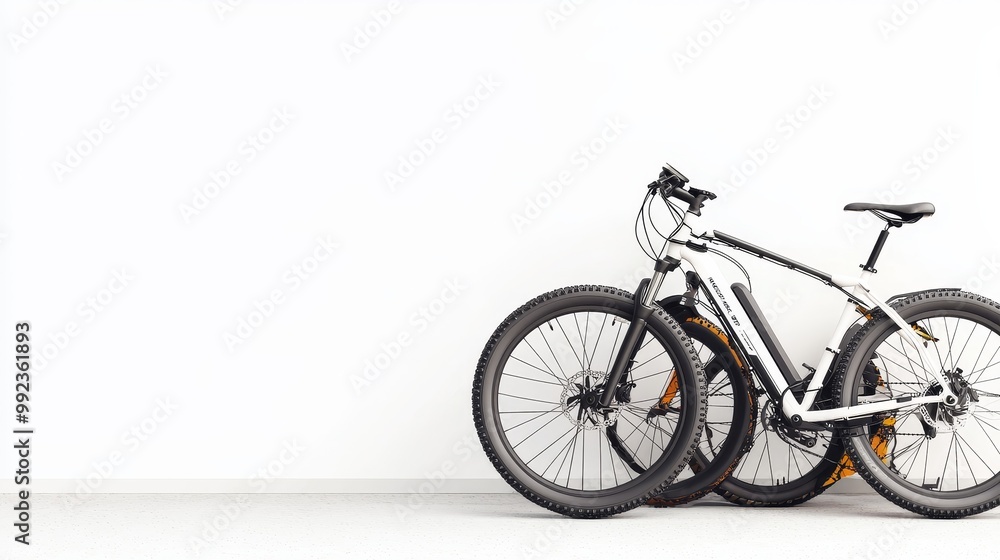 Obraz premium Two Modern Mountain Bikes Leaning Against a Minimalist White Wall in a Bright Room