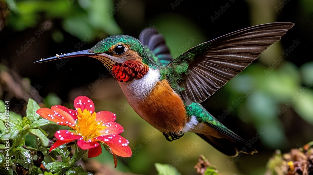 Fototapeta premium Hummingbird in Flight with Red Flower and Water Drops