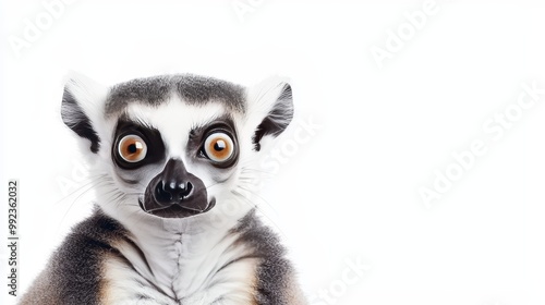 Close-Up Portrait of a Ring-Tailed Lemur with Wide Eyes on a White Background