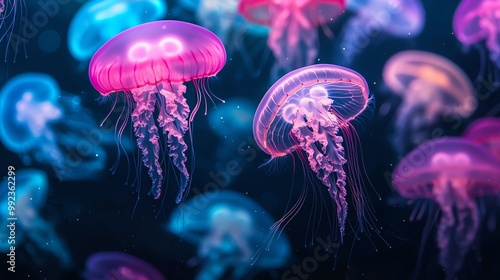 Glowing jellyfish swimming through a bright, colorful ocean of liquid light, symbolizing underwater imagination