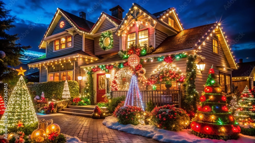 Fototapeta premium Charming Christmas Light Displays on Festively Decorated Houses Creating a Magical Holiday Atmosphere