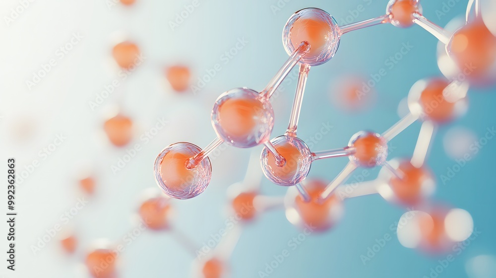 Close-up of a Molecular Structure with Transparent Spheres and Connectors Close-up of a Molecular Structure with Transparent Spheres and Connectors