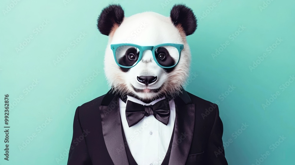 Stylish Panda in Tuxedo and Sunglasses on Pastel Background - Fun and Quirky Animal Fashion Concept Stylish Panda in Tuxedo and Sunglasses on Pastel Background - Fun and Quirky Animal Fashion Concept