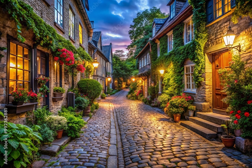 Fototapeta premium Charming cobblestone street in historic town with lush greenery and quaint architecture lining the way