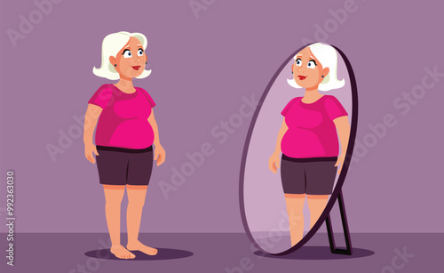 Woman Being Body Positive Looking in the Mirror Vector Cartoon. Happy self-accepting person checking her figure being happy
