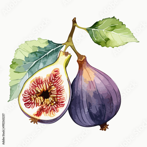 Hand drawn watercolor illustration of fig isolated on white background. Vector food illustration 