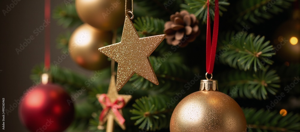 Fototapeta premium A golden star-studded Merry Christmas backdrop with Christmas ornaments