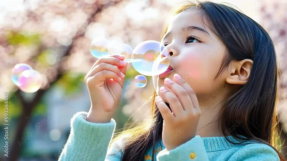 A young girl blows a bubble with her mouth puckered, focusing intently on her task, with multiple iridescent soap bubbles floating in the air around her. A young girl blows a bubble with her mouth puckered, focusing intently on her task, with multiple iridescent soap bubbles floating in the air around her.