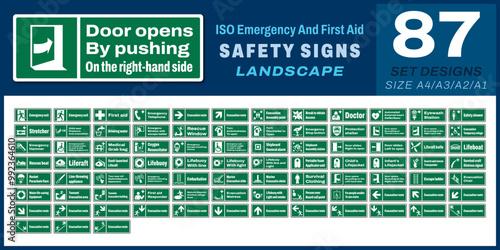 87 set iso emergency and first aid safety signs v22 door opens by pushing on the right-hand side landscape size 1/2 a4,a3,a2,a1	
