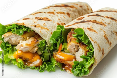 Crispy chicken wrap with lettuce, melted Mozzarella, yellow or honey sauce, tortilla wrap with chicken and vegetables isolated on white