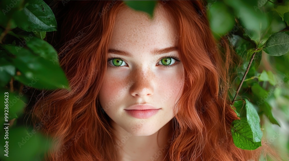 Beautiful Woman with Green Eyes and Red Hair in Nature Beautiful Woman with Green Eyes and Red Hair in Nature