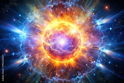 Vibrant depiction of a supernova explosion, with shockwaves and radiation illuminating surrounding space