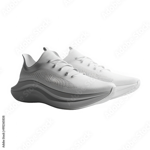 A pair of white sneakers with a curved toe box and a mesh upper