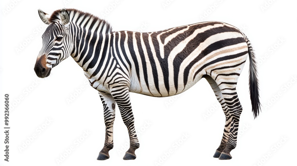 Obraz premium Majestic Zebra Standing on White Background Showcasing Unique Black and White Stripes in High-Resolution Stock Photo