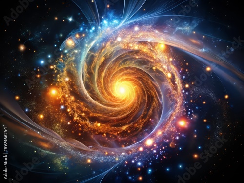 A vortex of swirling particles and antiparticles in a brilliant display of cosmic energy, set against a stark black background to emphasize the vibrant colors and intricate patterns.