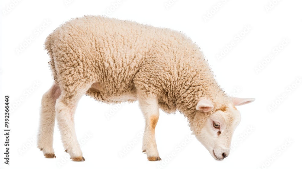 Adorable White Sheep Grazing on a Clean White Background - Perfect for Agricultural and Animal-Themed Projects Adorable White Sheep Grazing on a Clean White Background - Perfect for Agricultural and Animal-Themed Projects