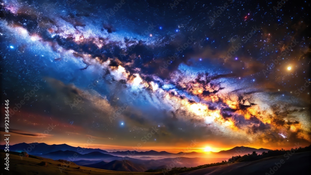 Vibrant illustration of the Milky Way galaxy, teeming with stars, gas, and dust, showcasing the dynamic beauty of our celestial neighborhood. Vibrant illustration of the Milky Way galaxy, teeming with stars, gas, and dust, showcasing the dynamic beauty of our celestial neighborhood.