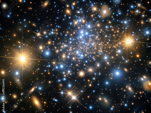 Crystal-clear image of a distant galaxy cluster, teeming with thousands of twinkling lights, each a separate galaxy, suspended in the inky vastness of space.