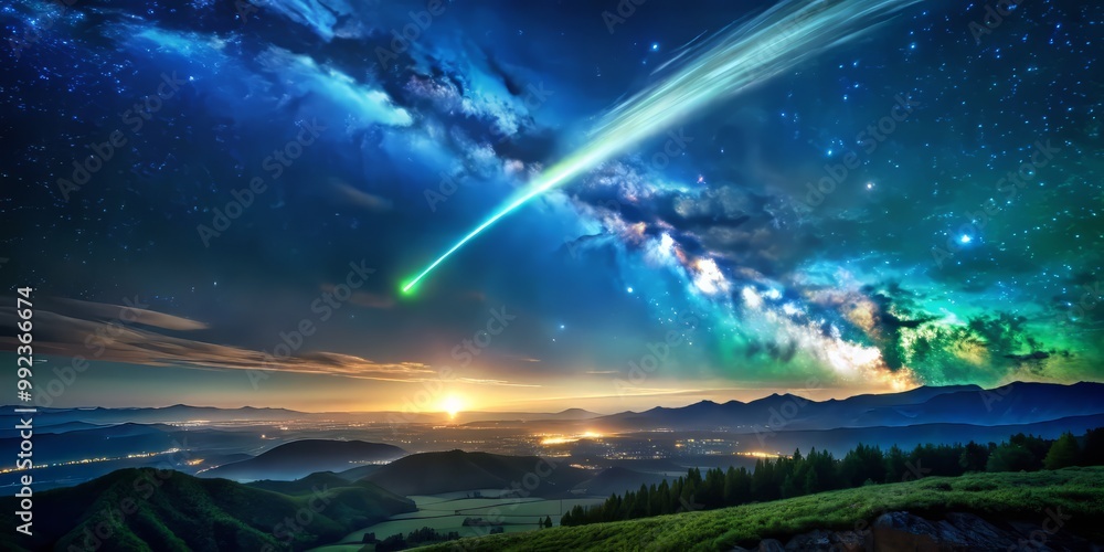 Obraz premium A meteor streaking across the sky, its trail glowing bright green and blue as it ionizes the atmosphere, with the landscape below bathed in an ethereal, alien-like light.