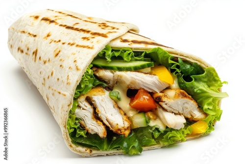 Crispy chicken wrap with lettuce, melted Mozzarella, yellow or honey sauce, tortilla wrap with chicken and vegetables 