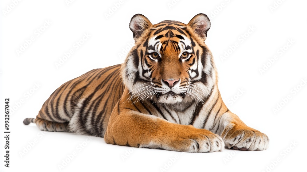 Obraz premium Majestic Bengal Tiger Lying Down on White Background, Showcasing Striking Stripes and Intense Gaze